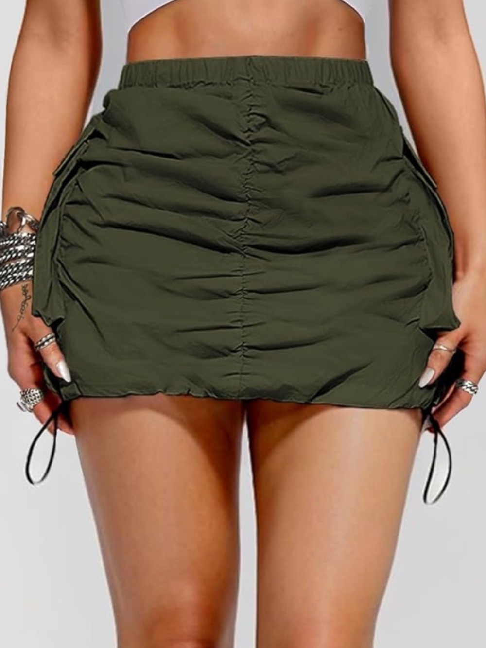 Olive Green Ruched Drawstring Mini Skirt